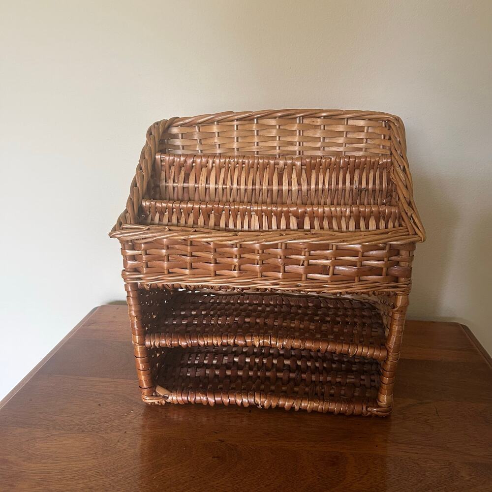 Vintage Wicker Basket Wall Shelf -Mail Holder & Letter Organizer